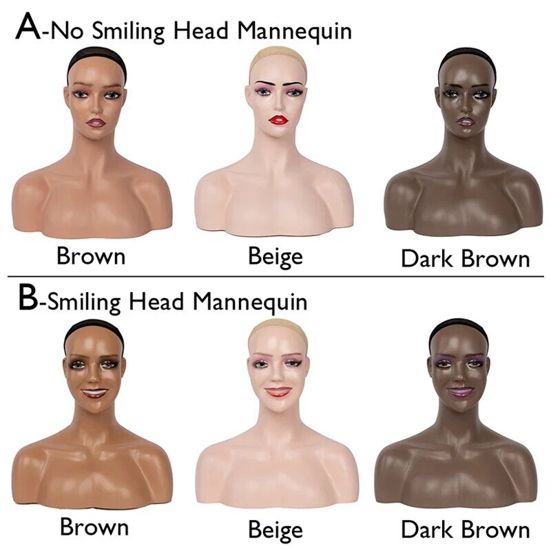 女性のかつらの頭,笑顔,肩のあるマネキンの頭,ベージュ,茶色