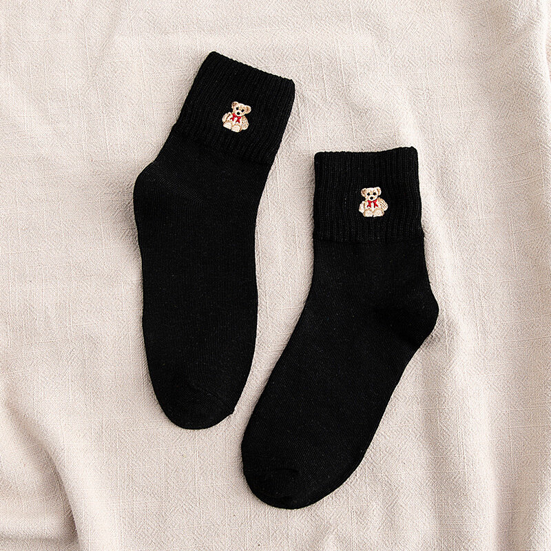 Socks Women Autumn and Winter Warmth Embroidery Solid Color Cotton Socks Ladies Breathable Loose Mouth Tube Socks