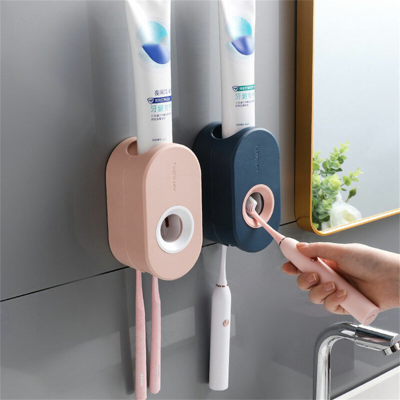 ยาสีฟันฝุ่นห้องน้ำผู้ถือแปรงสีฟันอุปกรณ์เสริมสำหรับห้องน้ำ Wall Mount เครื่องบีบยาสีฟันอัตโนม...