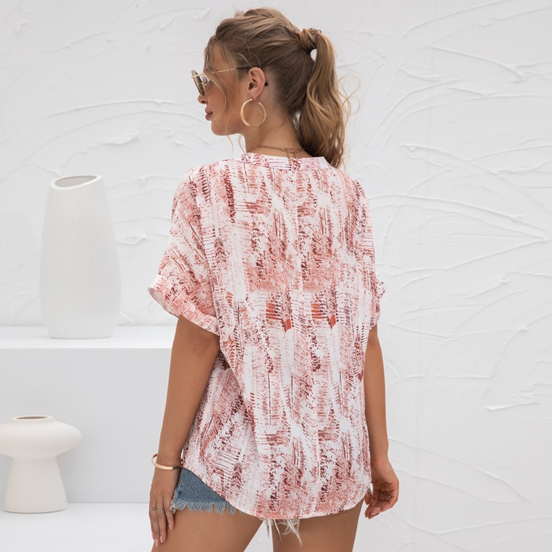 Die Dye Printed Blouses Women Summer Chiffon Shirts Ladies V-neck Casual Loose Sexy Short Sleeve Comfort Fashion Top Blusa Mujer