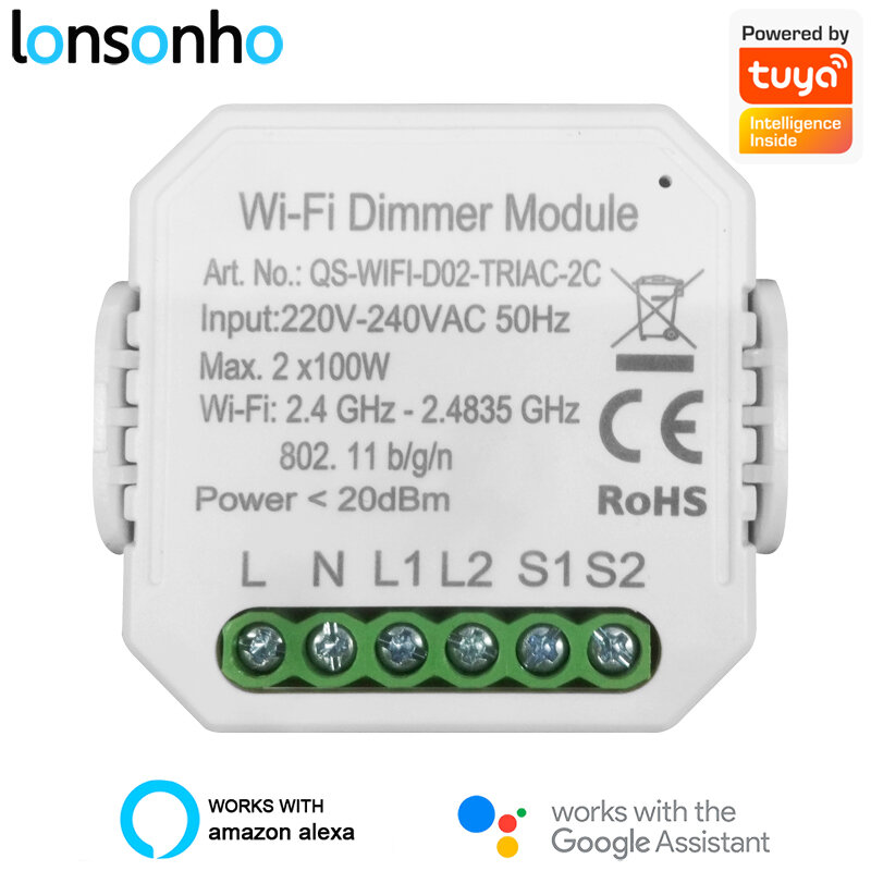 Lonsonho-atenuador de luz inalámbrico, módulo de 1, 2 entradas y 2 vías, WiFi inteligente, Tuya, funciona con Alexa y Google Home