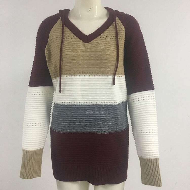 Suéter con capucha de retales para mujer, suéter de manga larga con cuello en V, Jersey de punto informal a rayas, novedad de Otoño de 2020