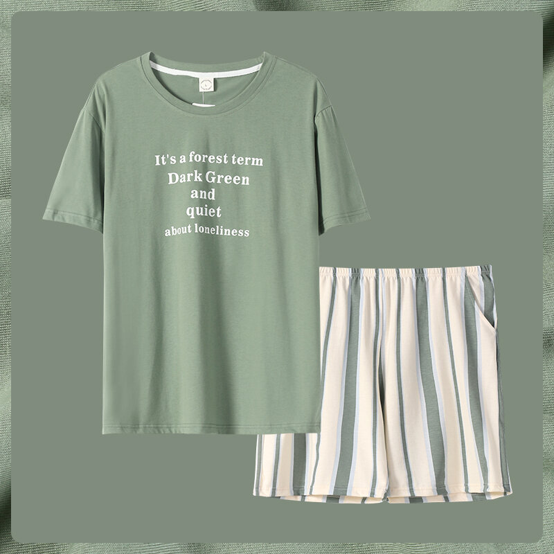 summer new men cotton short sleeve home clothes dark green thin pajama sets