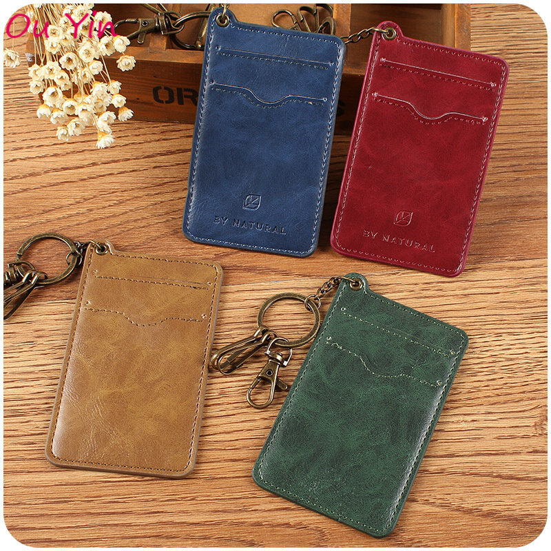 Retro PU Leather Credit Card Holder Access Card Badge ID Card Protective Case Keychain Card Case