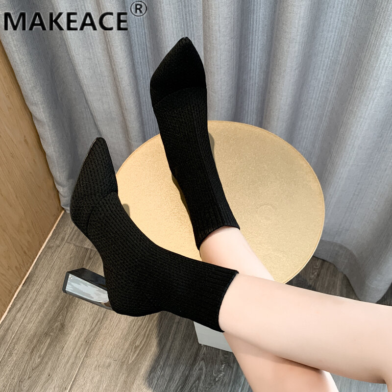 Botas de tubo corto de tela para mujer, botas elásticas informales versátiles con tacón alto de 8 Cm