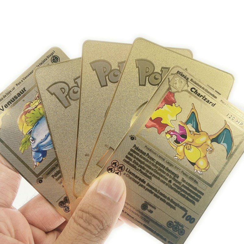 5Pcs/Set Gold Metal Pokemon Cards In Spanish V Vmax GX Charizard Newest Combination Pikachu Collection Card Cover Gift For Kids