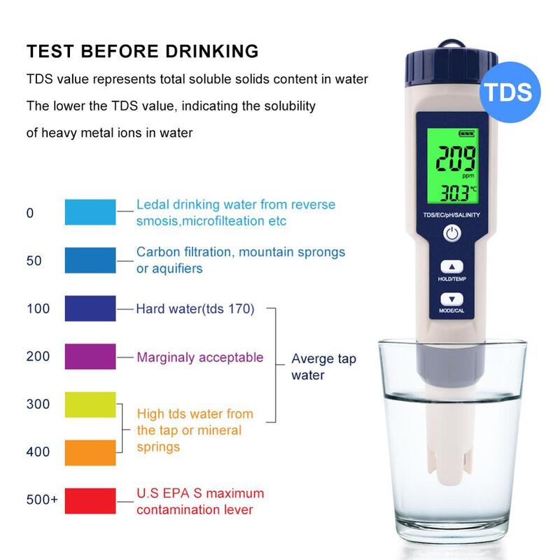 Yieryi Tester digitale professionale per acqua 5 In 1 PH/TDS/EC/salinità/temperatura Tester penna misuratore multifunzione impermeabile