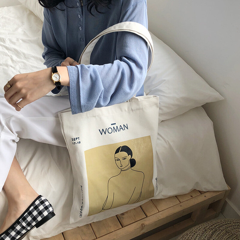 우아한 한국 패션 캔버스 핸드백 여성용, 간단한 쇼핑 토트백 문학 가방