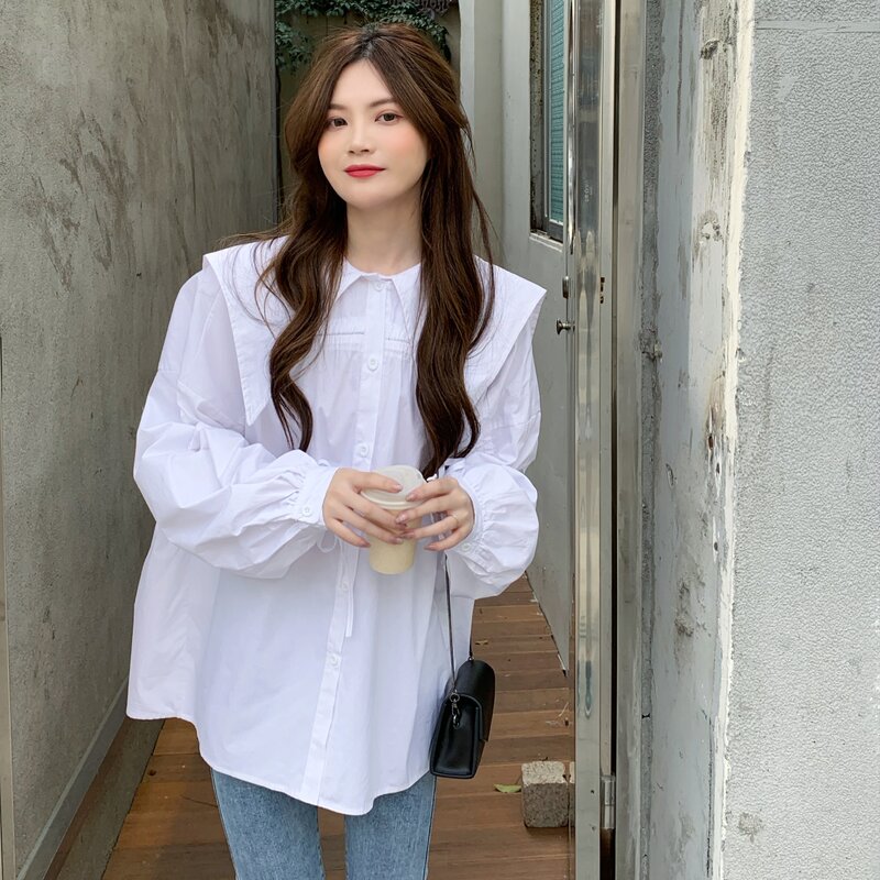 Camisa feminina com gola sailor, camisa de manga longa estilo ocidental solta e completa, em estilo coreano, primavera 2021