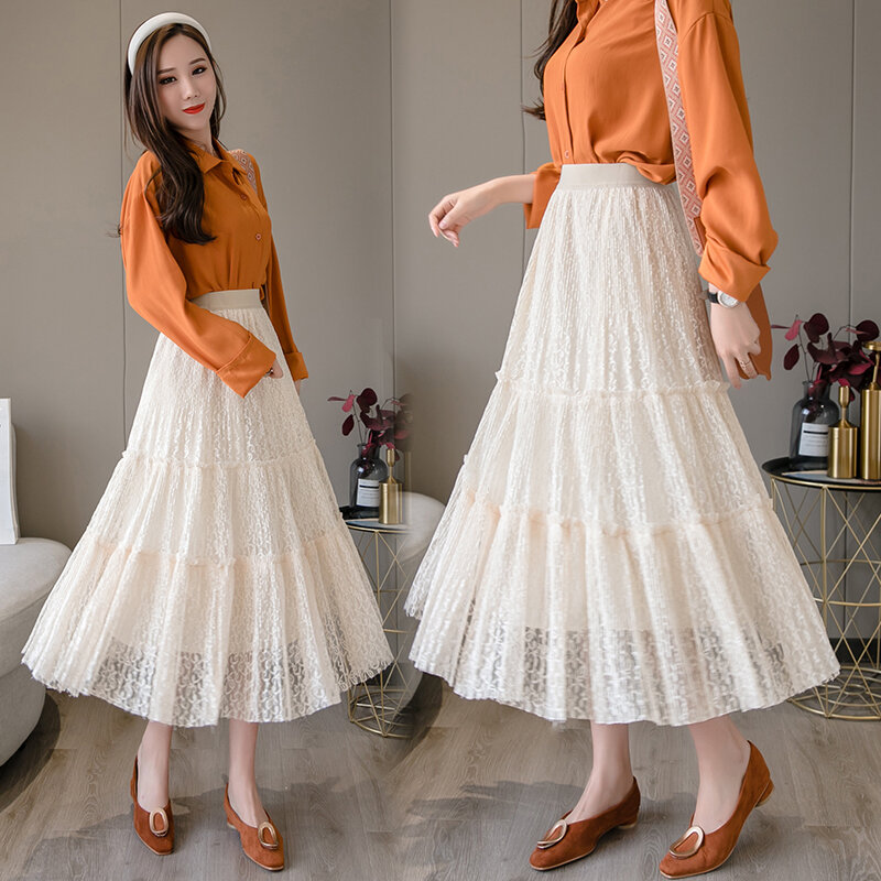 Wisher&Tong 2022 Spring Women's Skirts Korean Style Lace Skirt A-line Hight Waist Elegant Midi Black Skirt Female Clothing