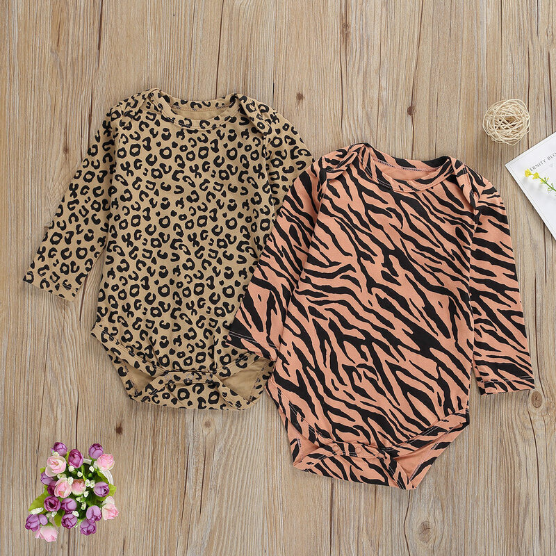 2020 Fall Baby Girls Casual Clothing Newborn Kids Long Sleeve O-neck Cartoon Leopard Zebra Print Jumpsuit Toddler Bodysuits 0-2T