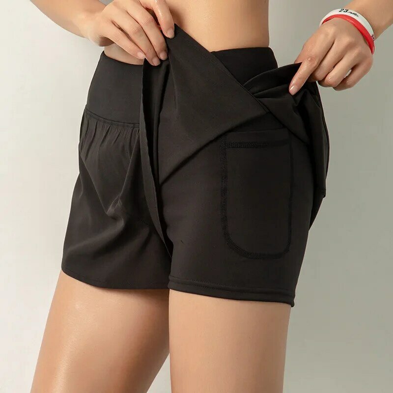 Sommer Gefälschte Zwei-stück Weibliche Sport Shorts Anti-leere Laufende Yoga Strumpfhosen Fitness Bauch Taschen Und Shorts