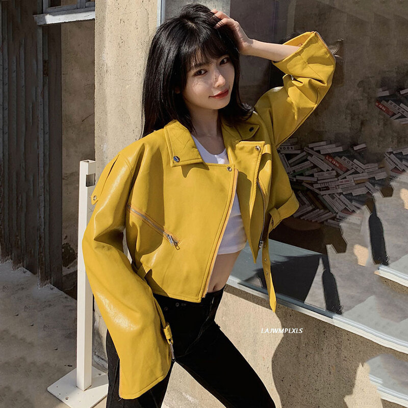 Blouson en cuir femme jaune, de haute qualité, court en similicuir, Streetwear printemps 2021