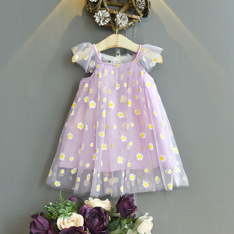 Falda de margaritas pequeñas para niñas, vestido de verano de gasa de princesa, hilo esponjoso, 2021