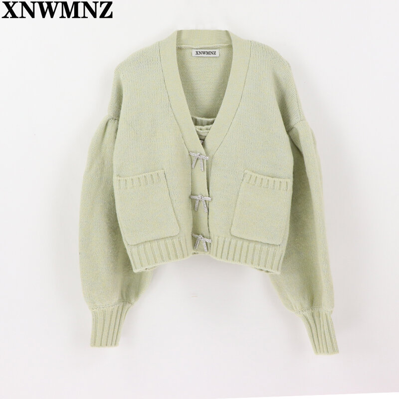 XNWMNZ women vintage Knit cardigan with rhinestone buttons V-neck long sleeve ribbed trims female outerwear fashion chic tops