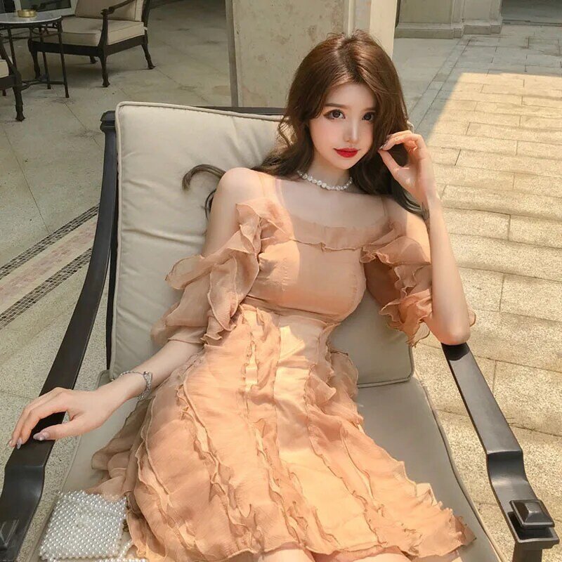 뉴 2021 Sweet Fairy Sen Is 섹시한 멜빵 드레스 여성 백리스 프릴 디자이너 미니 드레스 캐주얼 슬림핏 한국 카와이 드레스