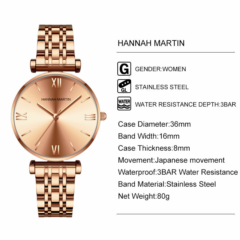 Hannah Martin นาฬิกาข้อมือควอตซ์นาฬิกาผู้หญิงทองสุภาพสตรีนาฬิกากันน้ำหญิงนาฬิกาผู้หญิงนาฬิกา Casual ...