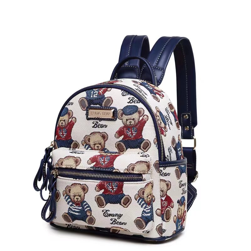 Colega de moda pequena mochila alta qualidade jacquard pano volta pacote com padrão urso bonito impresso lona ombro duplo sch