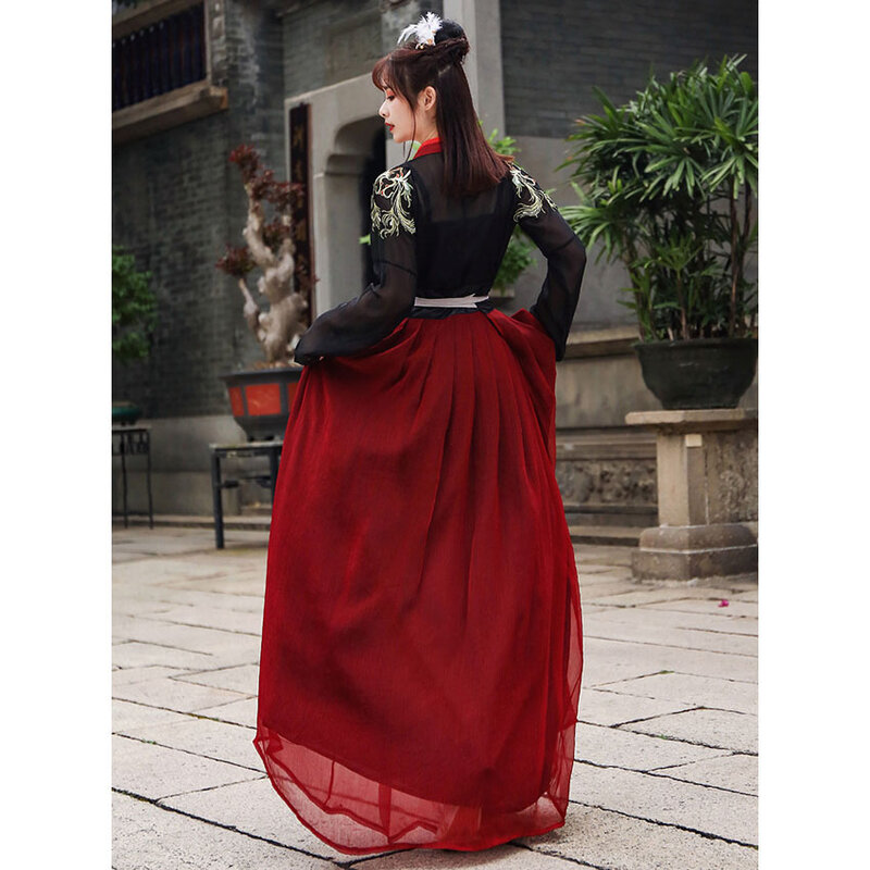 Chinese Traditioanl Clothes for Woman Fairy Folk Dance Costume Oriental Embroidery Hanfu Black and Red Stage Performance Outfit