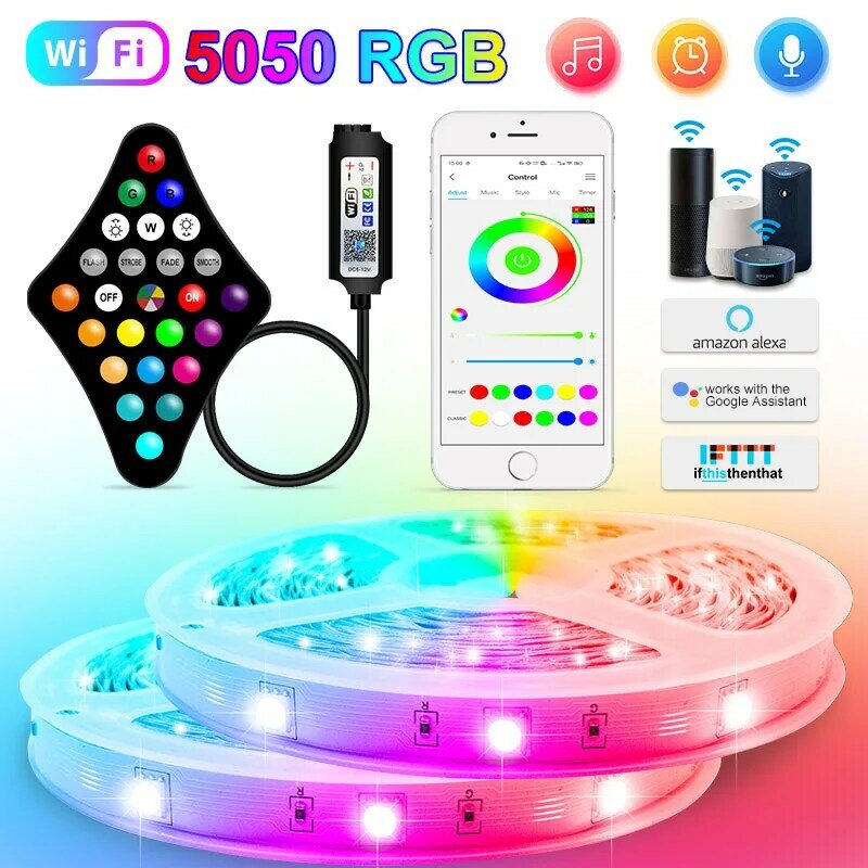 Светодиодные ленты RGB 5050, водонепроницаемые, 5 м-30 м, Wi-Fi, управление телефоном, светодиодная гибкая лента, лента для подсветки телевизора, дом...