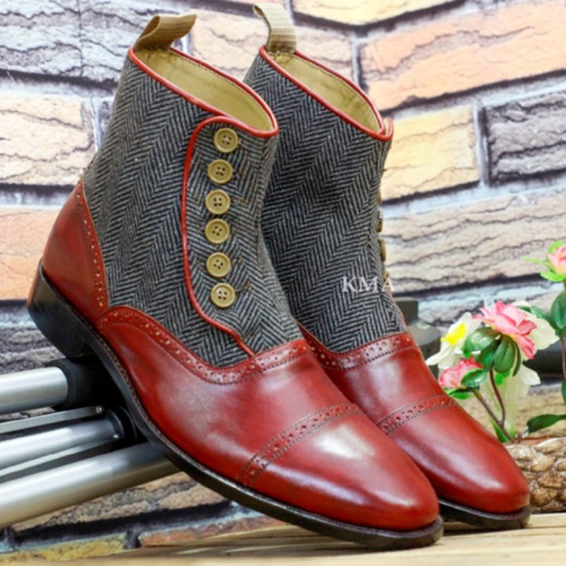 Chaussures habillées tendance pour hommes, nouvelles bottines classiques rouges en Tweed, couture PU faite à la main, boutons rétro, tendance, 7KG578