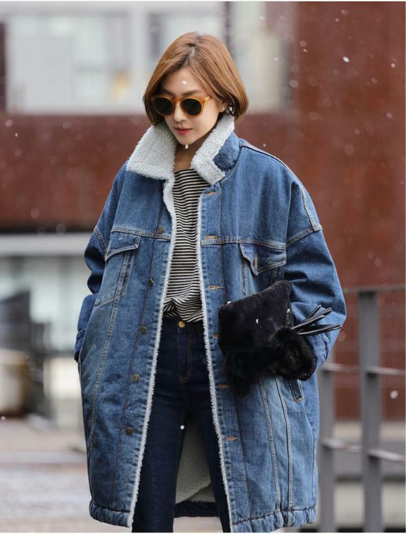 Jaqueta jeans feminina, forro de lã, casaco longo com pele quente gola virada para outono e inverno k1313