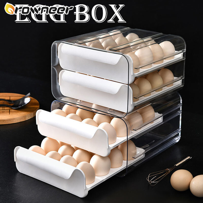 32 Grid Household Egg Storage Box Drawer-Type Refrigerator Storage Box Plastic Transparent Dumpling Box Double Layer Egg Tray
