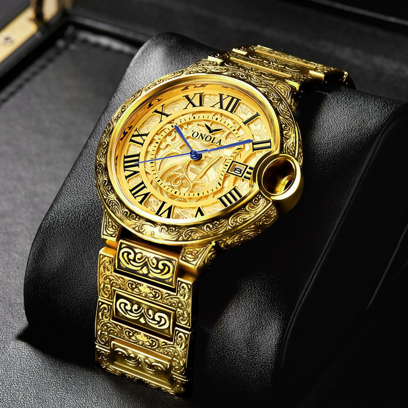 Часы 2021 novos dos homens de moda retro grande placa de ouro relógio de quartzo de aço inoxidável relógio banda de aço homens relógio de ouro