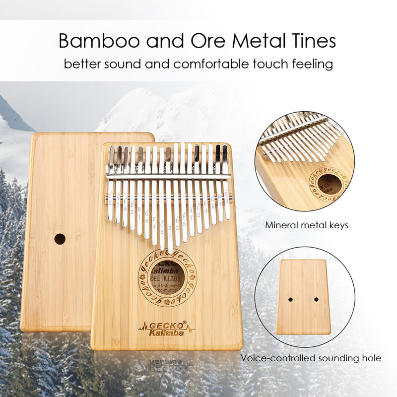 Gecko-Piano de pulgar Kalimba de 17 teclas, instrumento Musical de cuerpo de bambú de alta calidad con martillo de sintonización de libro de aprendizaje