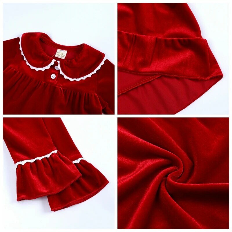 2021 zestaw ubrań bożonarodzeniowych dla dzieci Winter Toddler Girl czerwona, marszczona kombinezony do spania z pełnym rękawem jednokolorowy aksamitny miękki chłopięcy piżamy bielizna nocna