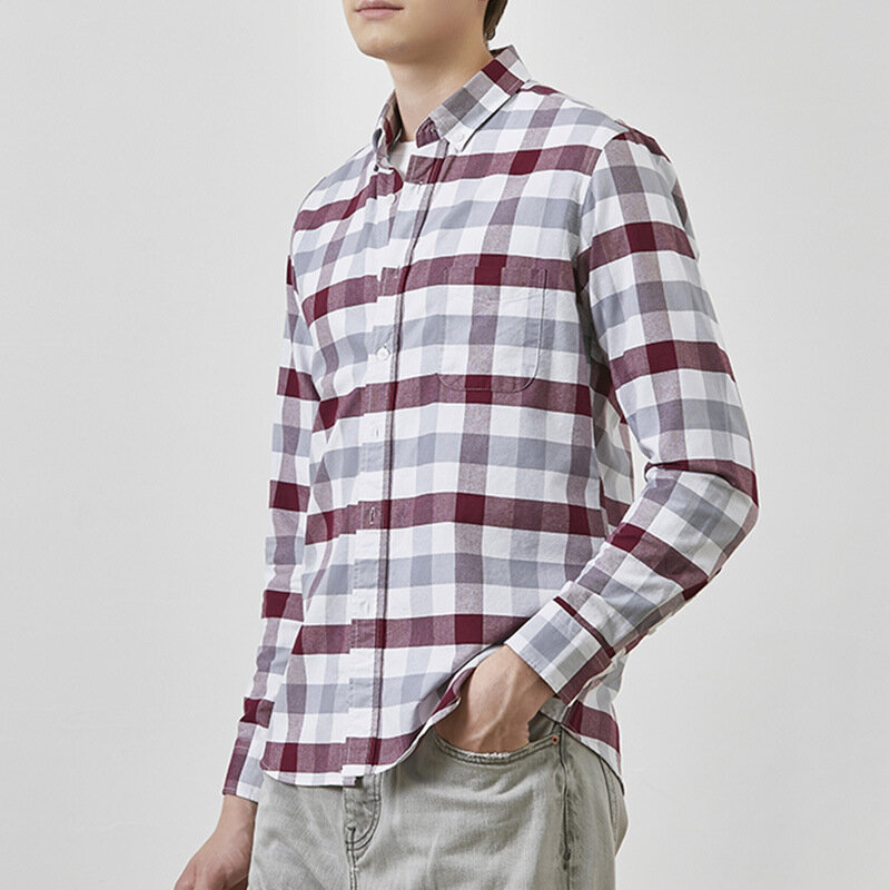 신제품 100% 코튼 옥스포드 격자무늬 셔츠 남성용, 긴 소매 캐주얼 한국 슬림 카미사스 셔츠 포켓 버튼 소셜 의류