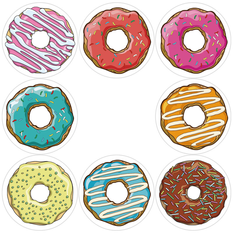 Leuke Donuts Sticker Roll 1.5 Inch 500 Stuks Verjaardagsfeestje Decoratie 8 Ontwerpen Snoep Kleur Moedigen Motivatie Sticker Voor Kids