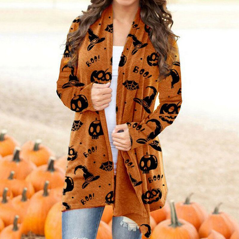 Cardigan a maniche lunghe da donna di Halloween cranio stampa zucca autunno Casual punto aperto top lunghi signore Plus Size Cardigan cappotto G *