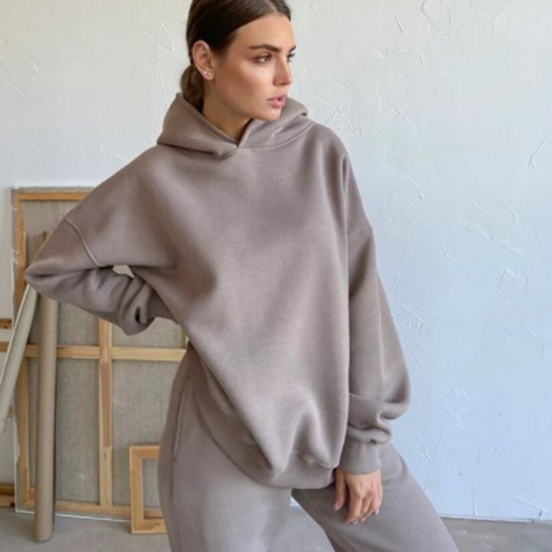 Casual Hooded Sweater En Hoge Taille Broek Suits Fashion Herfst Winter Solid Losse 2 Stuk Vrouwelijke Set Trainingspak Zwart Kaki
