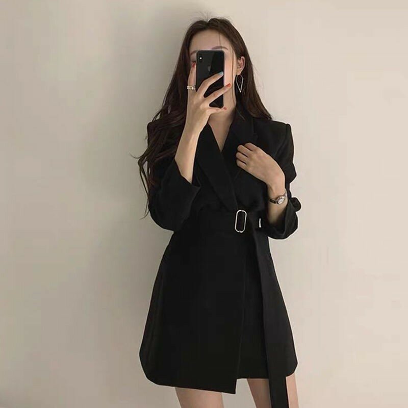 2020 New Spring Autumn Fashion Women Retro Thin Casual Style Blazer Loose Formal Suit Coat Black Jacket  Office Coats Black Coat