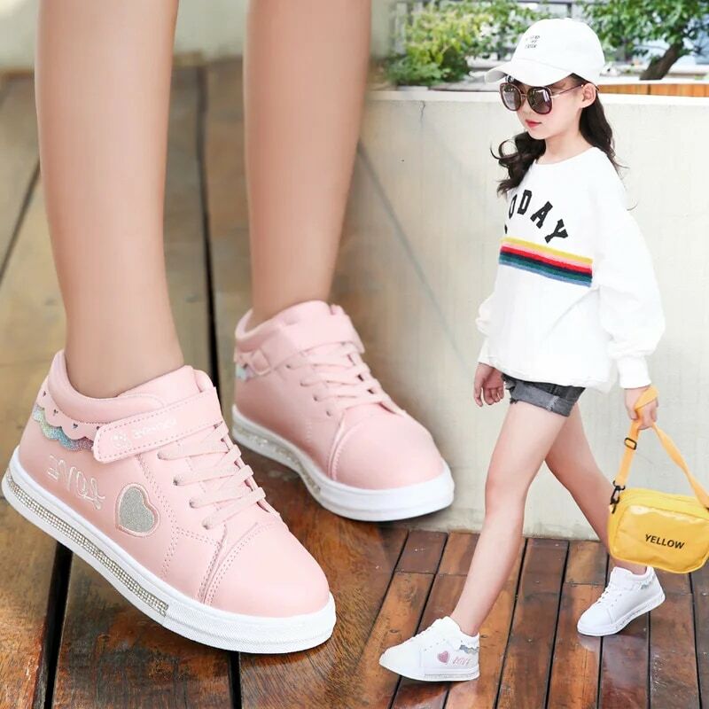 Zapatos de tenis de Pu para niños, zapatillas de princesa informales para niñas encantadoras, zapatillas para correr de moda con lentejuelas, color negro/rosa/blanco