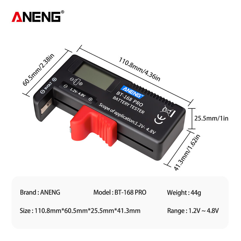 ANENG AN-168 POR 디지털 리튬 배터리 용량 테스터 체크 무늬 부하 분석기 디스플레이 AAA AA 버튼 셀 범용 테스트 확인