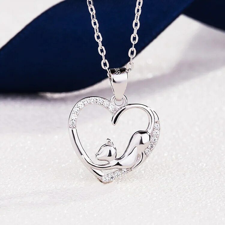 SODROV srebro 925 romantyczne słodkie zwierzęce serce wisiorek z kotem naszyjnik dla kobiet 925 biżuteria srebrna naszyjnik