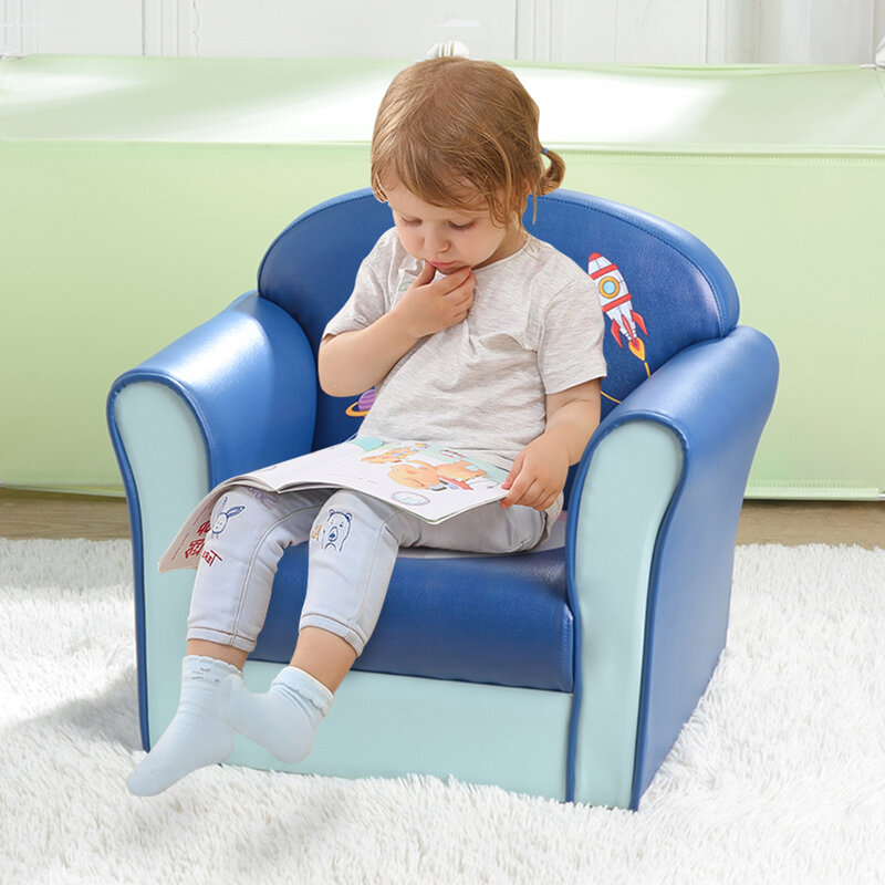 Sofá individual de PU para niños, mueble de moda suave y cómodo con diseño de astronauta, azul, serie espacial, 50x39x44 cm