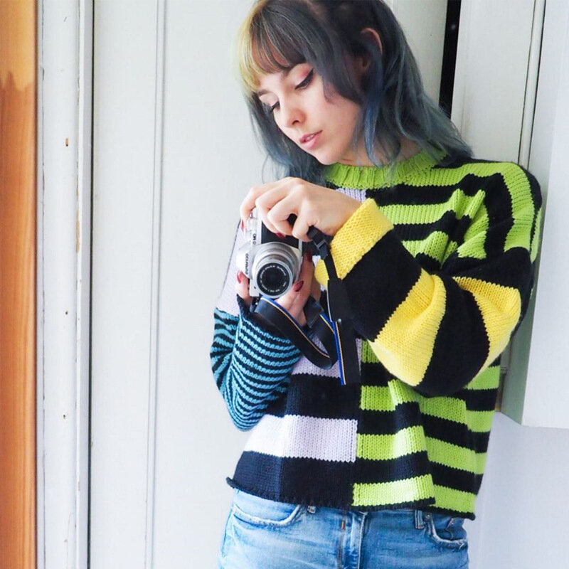 NCLAGEN kontrastowy kolor mieszany pasek patchworkowe swetry damskie luźny Harajuku Streetwear z długim rękawem sweter szeroki sweter Top