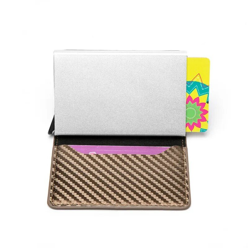 ZOVYVOL 2021 RFID cienka nowa karta Case metalowy portfel na karty sprzęgło Bounce brązowy inteligentny portfel Cardbon włókno skórzane aluminiowe pudełko Slim