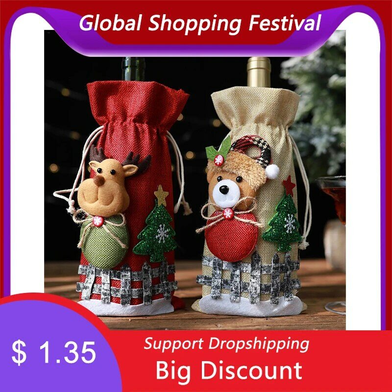 1pc Christmas Red Wine Bottle Covers Bag Linen Holiday Santa Claus Champagne Bottle Cover Christmas Decorations For Home