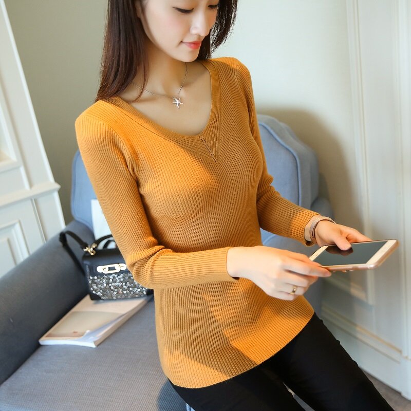 Neue V-ausschnitt Pullover weibliche slim fit hohe elastische gestrickte bodenbildung shirt Koreanische langarm vielseitig Pullover Top