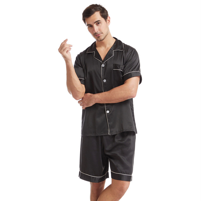 Pyjama Sets Mann Nachtwäsche Matte Satin Kurzen ärmeln Casual Plus Größe Homewear Sommer männer Revers Einfarbig Europäischen größe