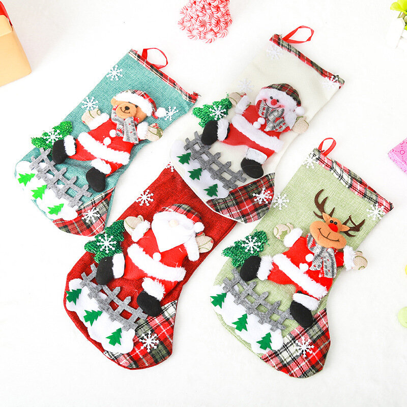 Christmas Stockings Socks  Snowman Santa Elk Bear Printing Xmas Candy Gift Bag Fireplace Xmas Tree Decoration