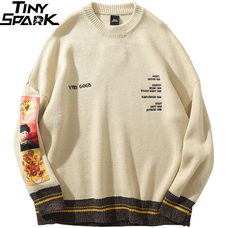 2021 мужской свитер в стиле хип-хоп, пуловер, уличная одежда, вязаный свитер с вышивкой Ван Гога, Ретро Винтажные осенние свитера из хлопка