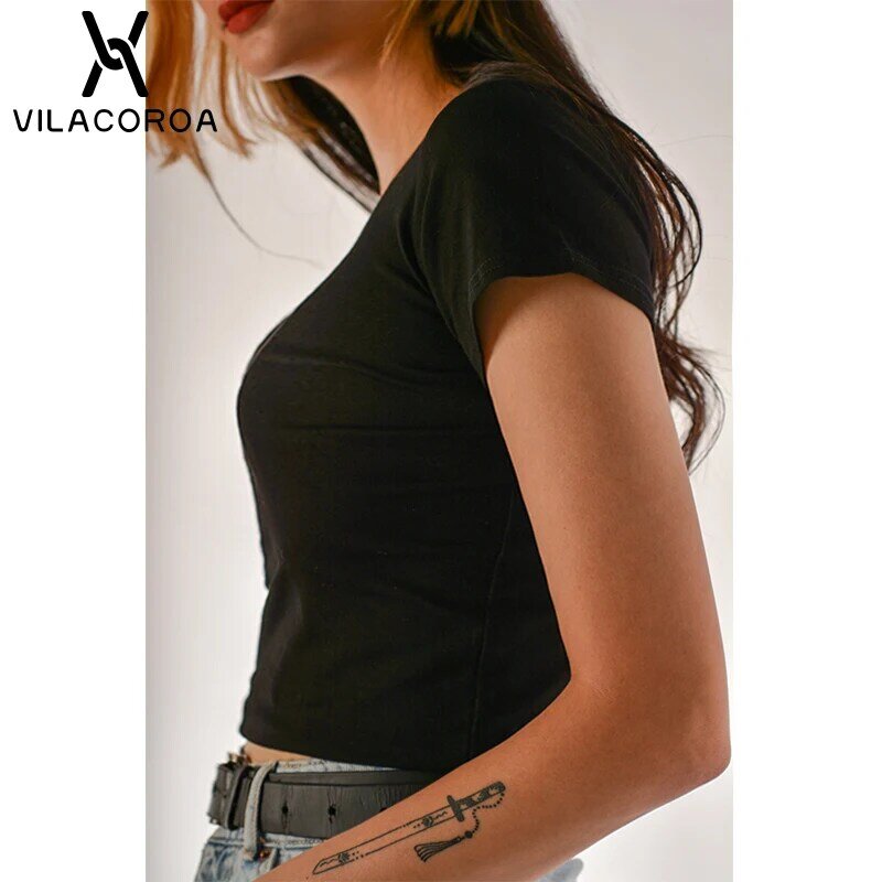 夏の女性のtシャツラウンドネック半袖シンプルな基本底入れtシャツコットンハイウエストスリムクロップトップ多色tシャツ