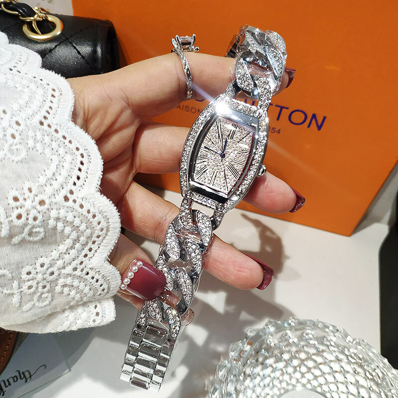 Top marka luksusowe kobiety zegarki z Rhinestone Tonneau w kształcie panie zegarek z kryształu modna bransoletka zegarek dla kobiet