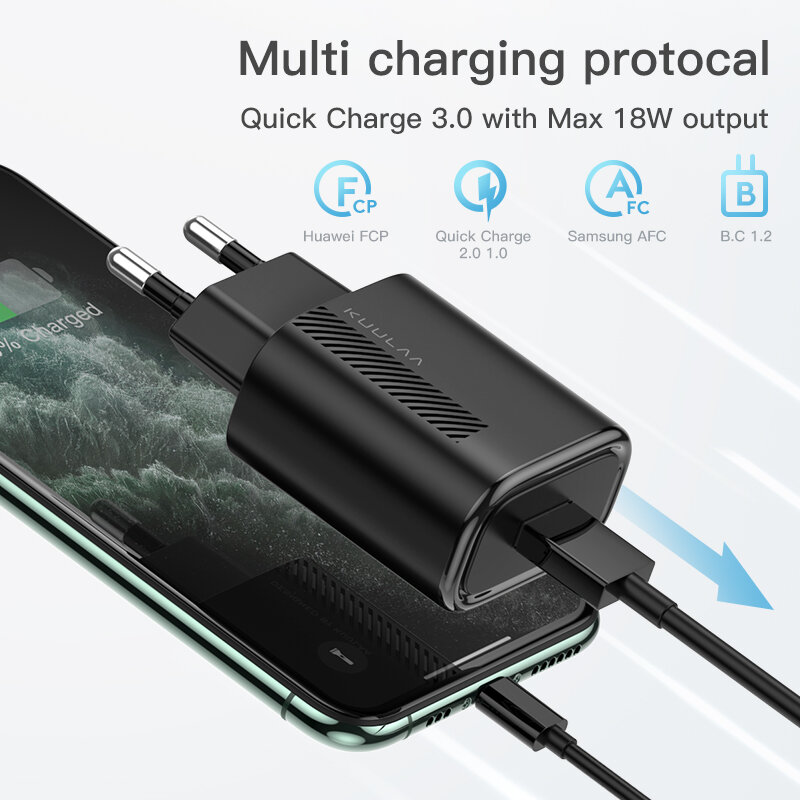 Caricabatterie USB KUULAA Quick Charge 3.0 QC 18W per Xiaomi Redmi Note 9 8 7 QC3.0 caricabatterie per telefono da parete USB a ricarica rapida per Samsung