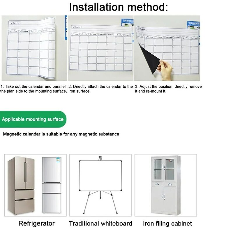 Calendário magnético do quadro branco, calendário mensal, calendário semanal, desenhos do refrigerador, instruções do fabricante, agregado familiar